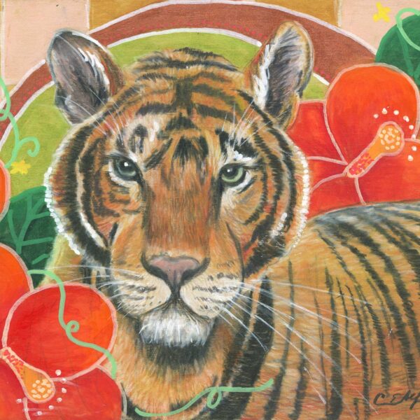 "Tiger in Hibiscus", 5" x 7", mixed media 