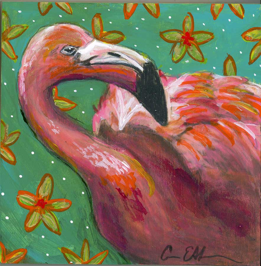 "Tropical Flamingo", 4" x 4", mixed media