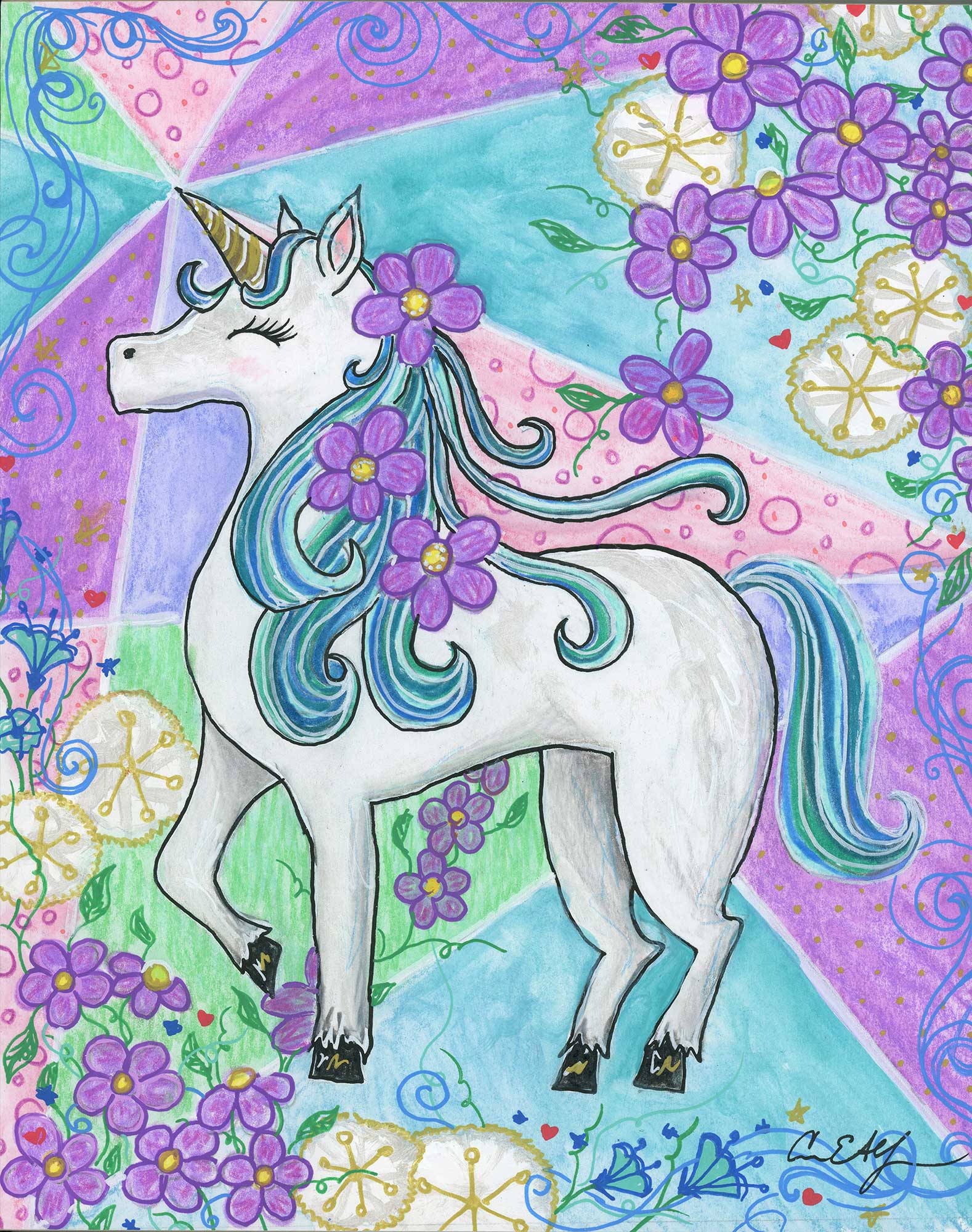 SOLD - "Unicorn with Purple Flowers", 8" x 10", mixed media