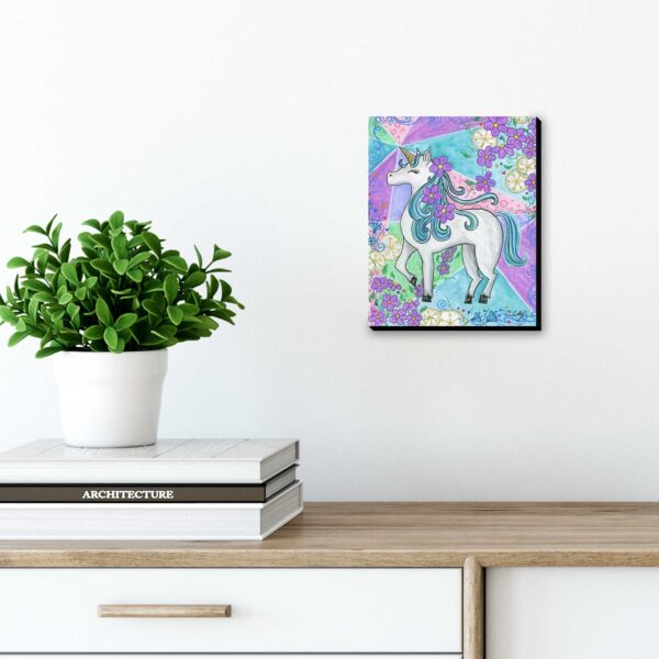 "Unicorn with Purple Flowers", 8" x 10", mixed media
