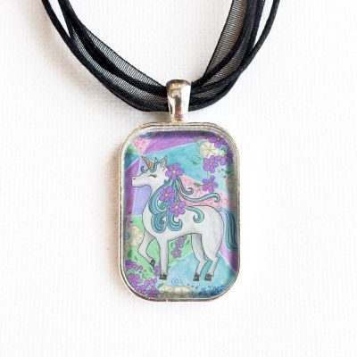 Unicorn with Purple Flowers - Pendant