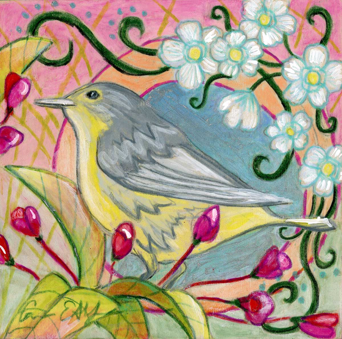 SOLD - "Warbler", 4" x 4", mixed media