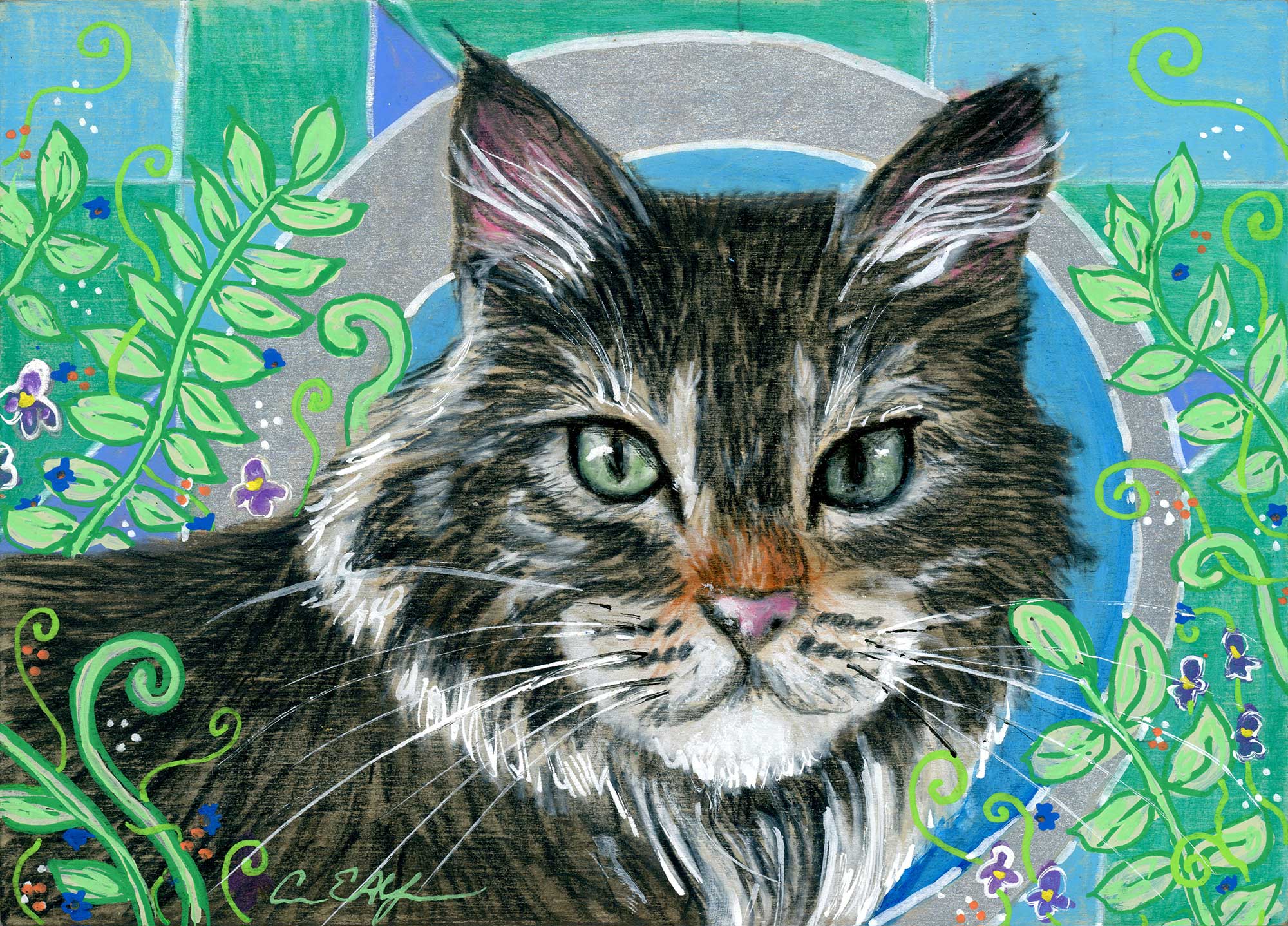 SOLD - "Whiskers and Ferns", 7" x 5", mixed media