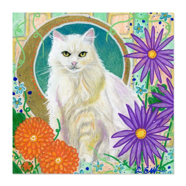 White Cat in Mums - Art Print