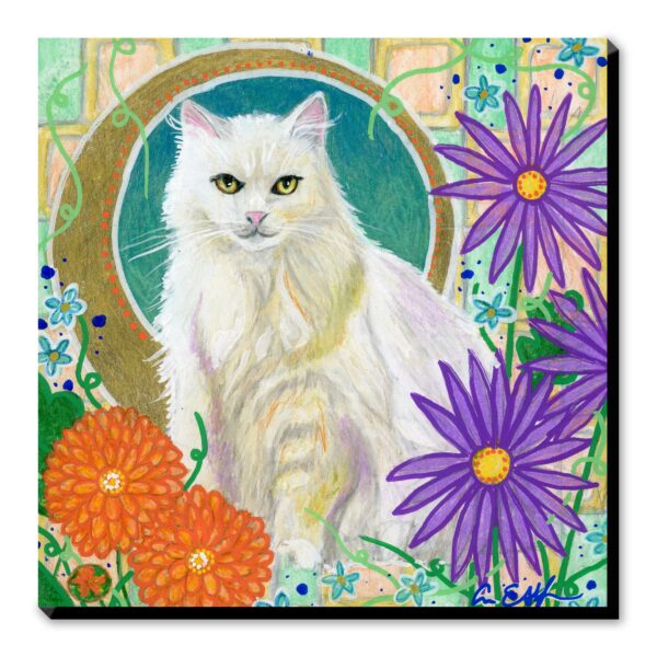 White Cat in Mums - Art Print