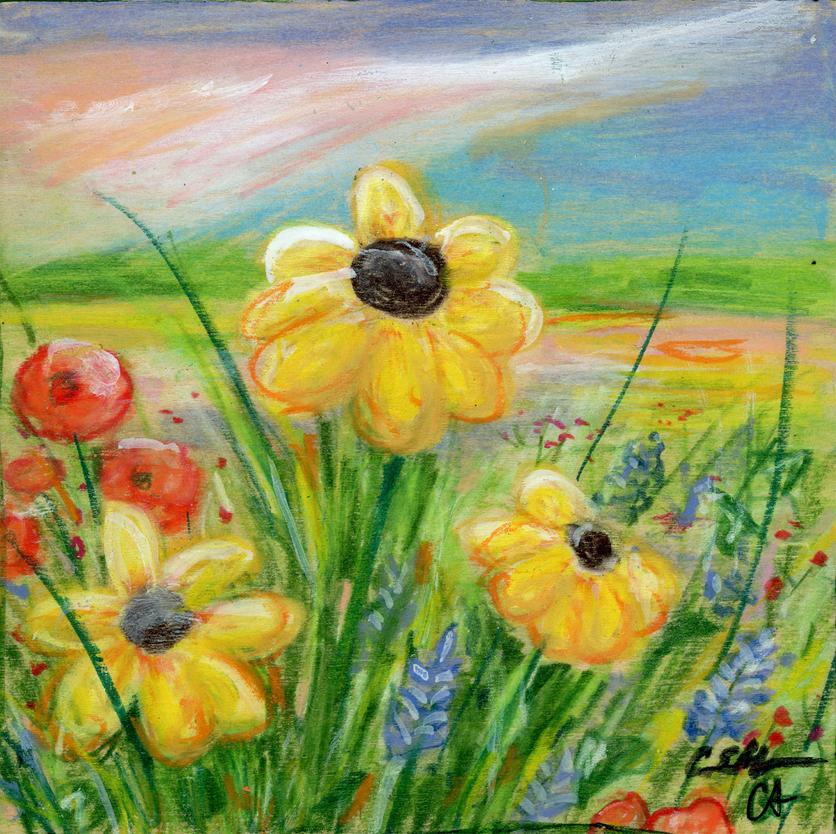 SOLD - "Wildflowers #4", 4" x 4", mixed media