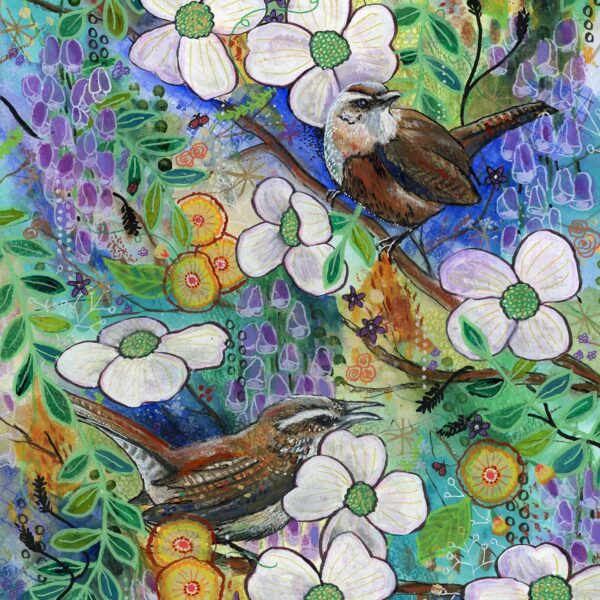 SOLD - Wrens in Dogwoods, 11" x 14", mixed media