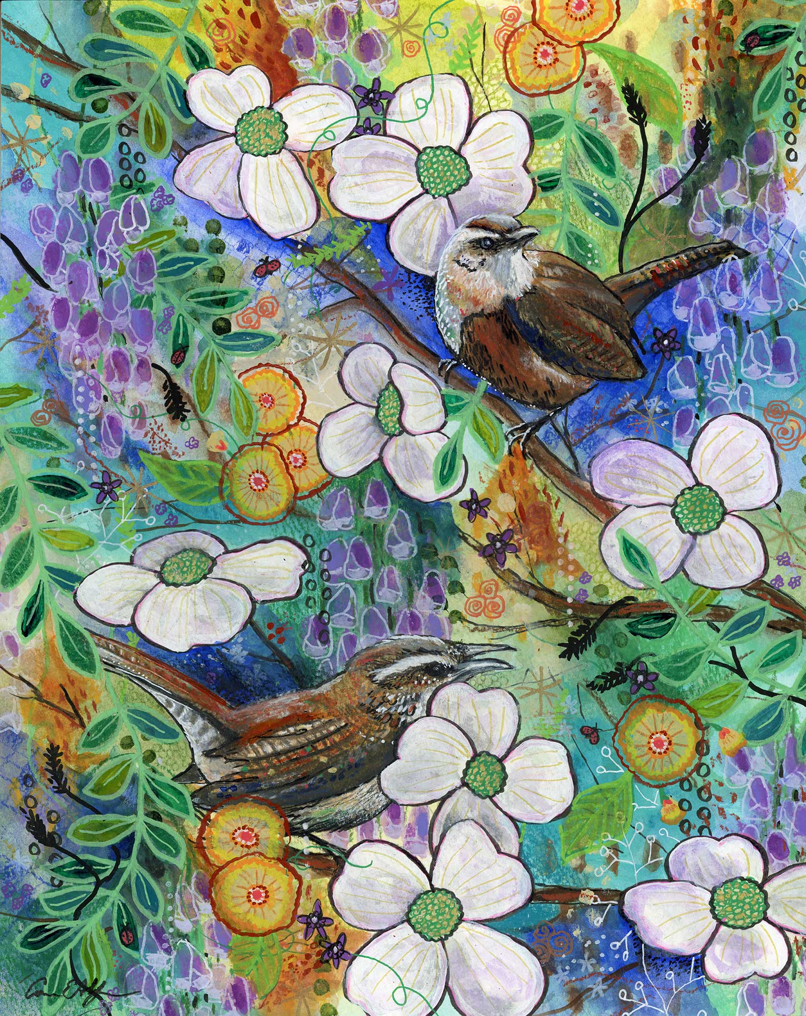 SOLD - Wrens in Dogwoods, 11" x 14", mixed media