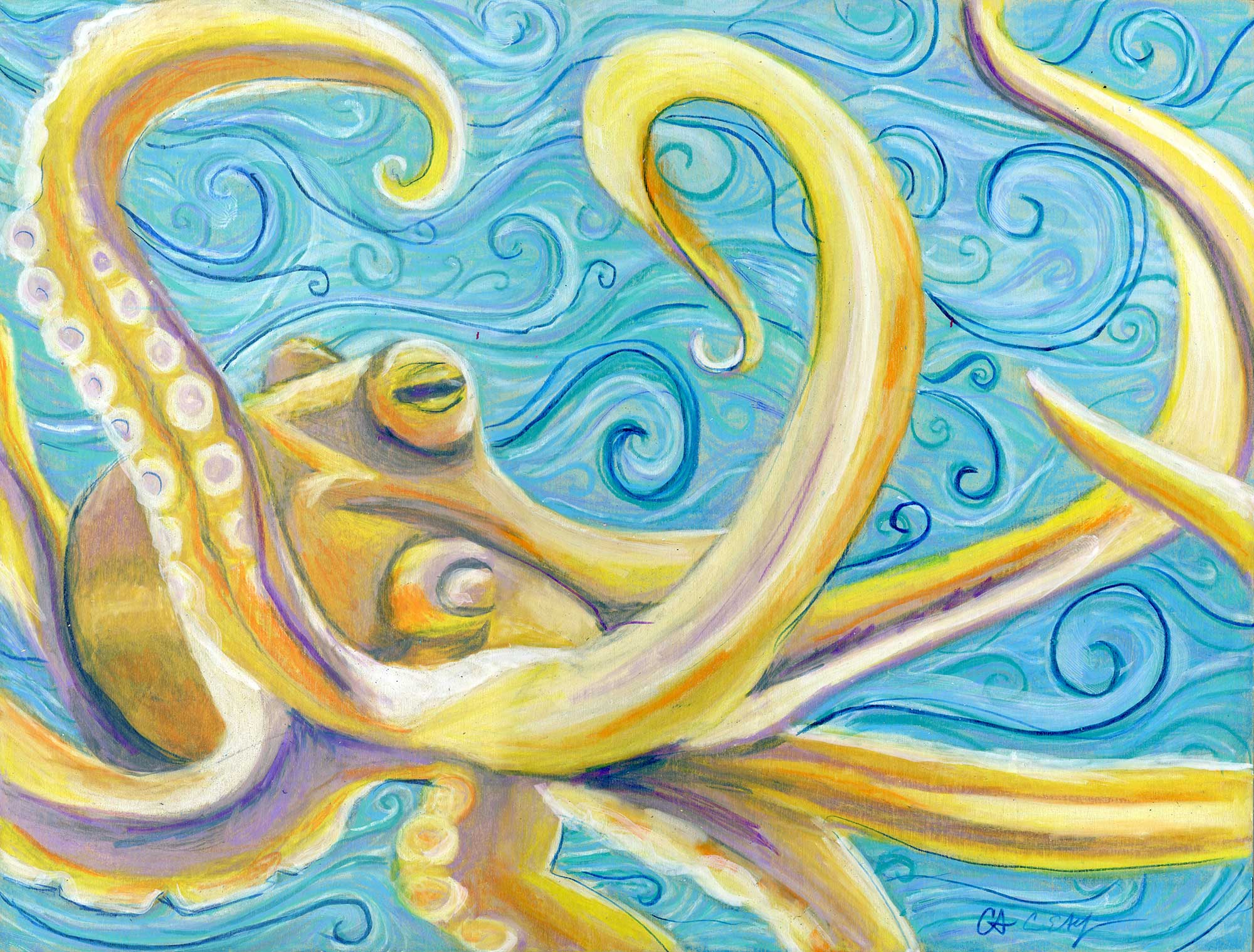 SOLD - "Yellow Octopus", 9" x 12", mixed media