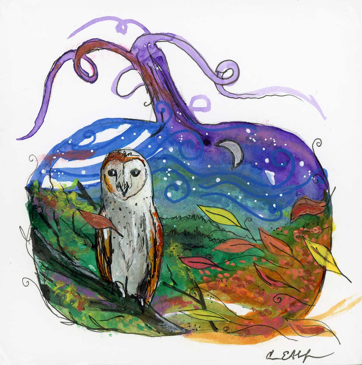 SOLD - Barn Owl Pumpkin, 4" x 4", mixed media