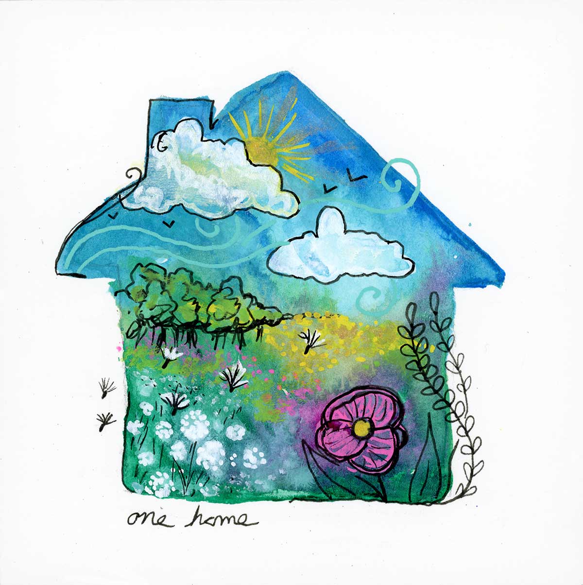 One Home, 4" x 4", mixed media