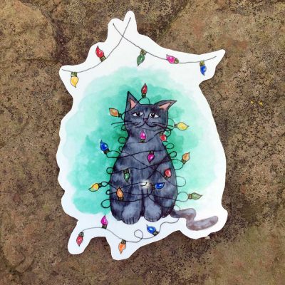 Gray Tabby Cat Tangled in Lights Sticker