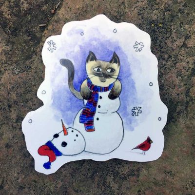 Siamese Cat Snowman and Cardinal Sticker