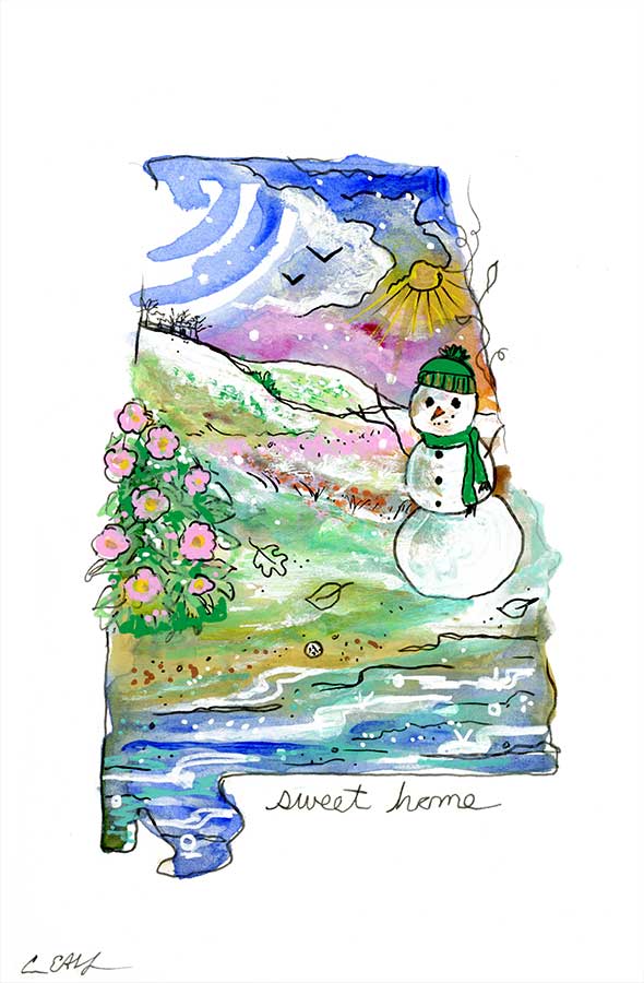 SOLD - Sweet Home Snowman, 4" x 6", mixed media