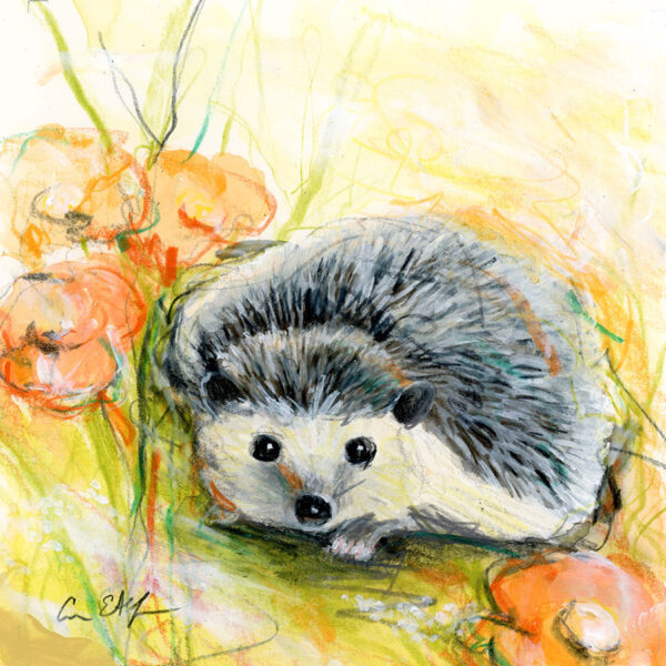 SOLD - Hedgehog in Peach Flowers (Day 26 - Pastel), 6" x 6", mixed media
