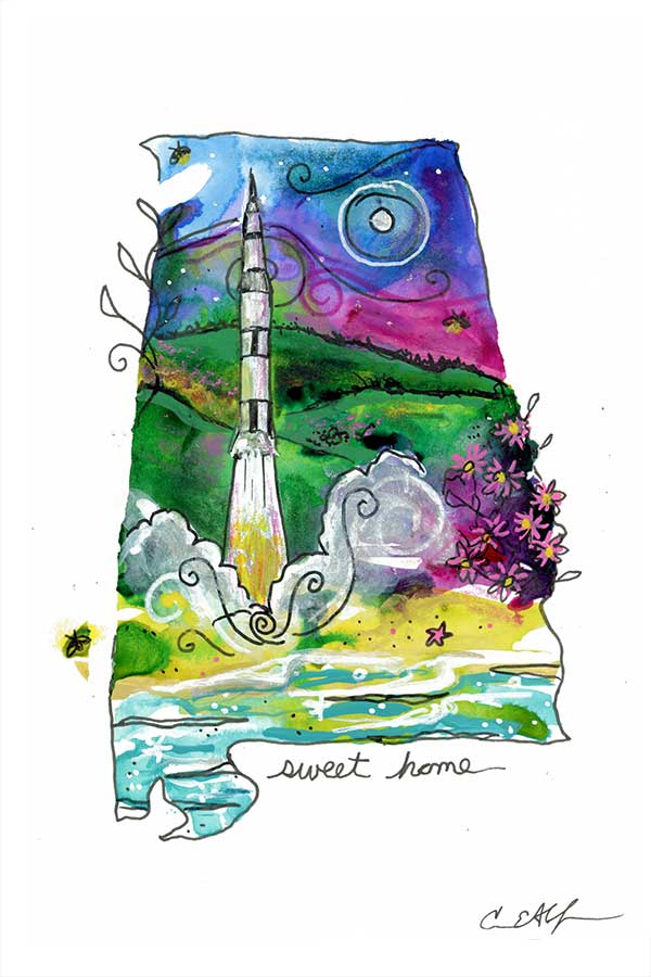 SOLD - Saturn V and Fireflies, 4" x 6", mixed media