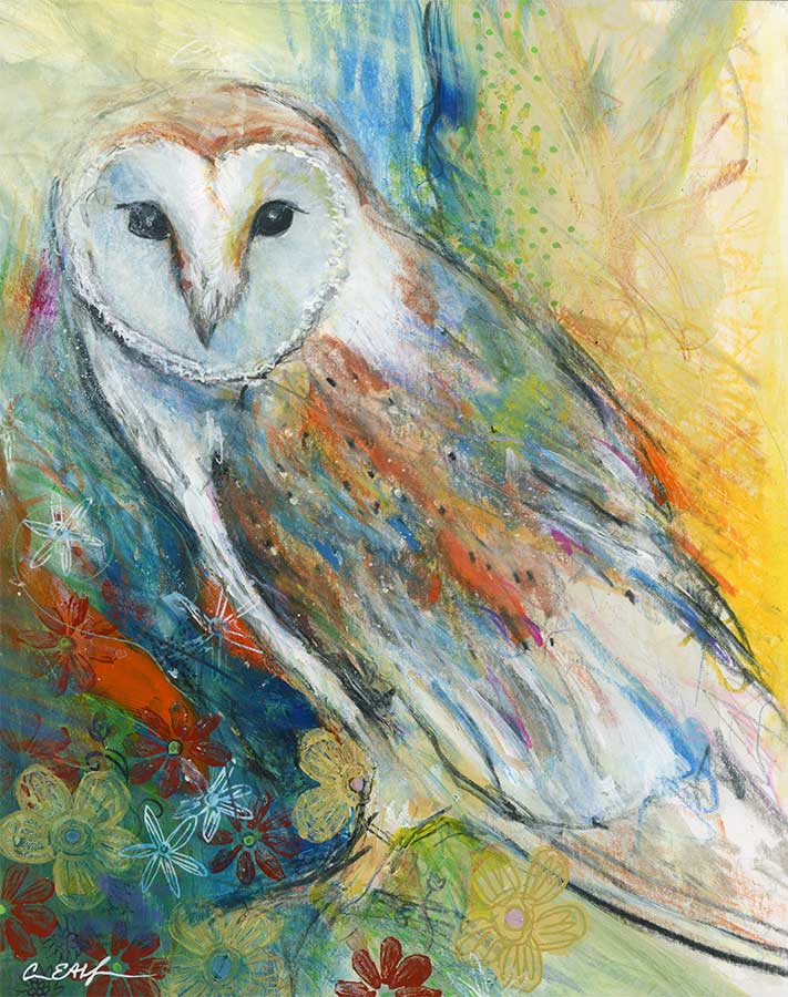 SOLD - Barn Owl at Sunset, 8" x 10", mixed media