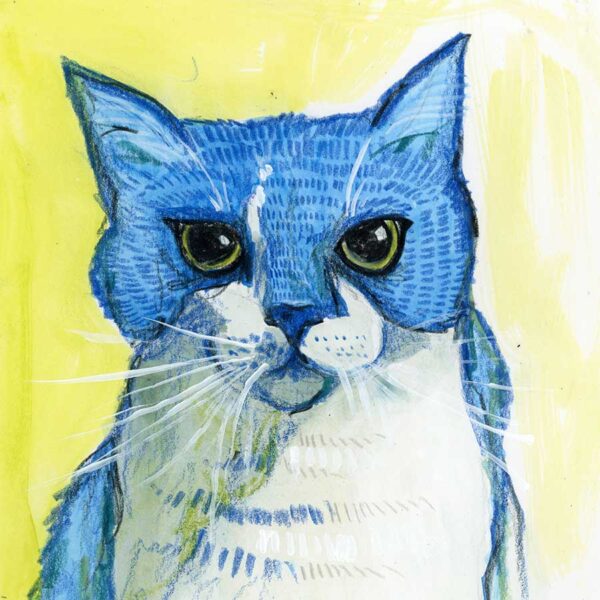 Blue Cat, 6" x 6", mixed media