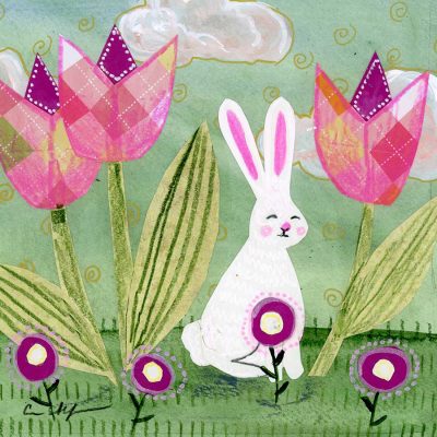 Bunny and Tulips, 6" x 6", mixed media