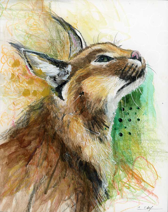 SOLD - Caracal Watching, 8" x 10", mixed media