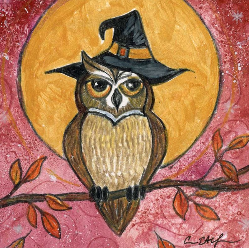 Witchy Owl, 4" x 4", mixed media