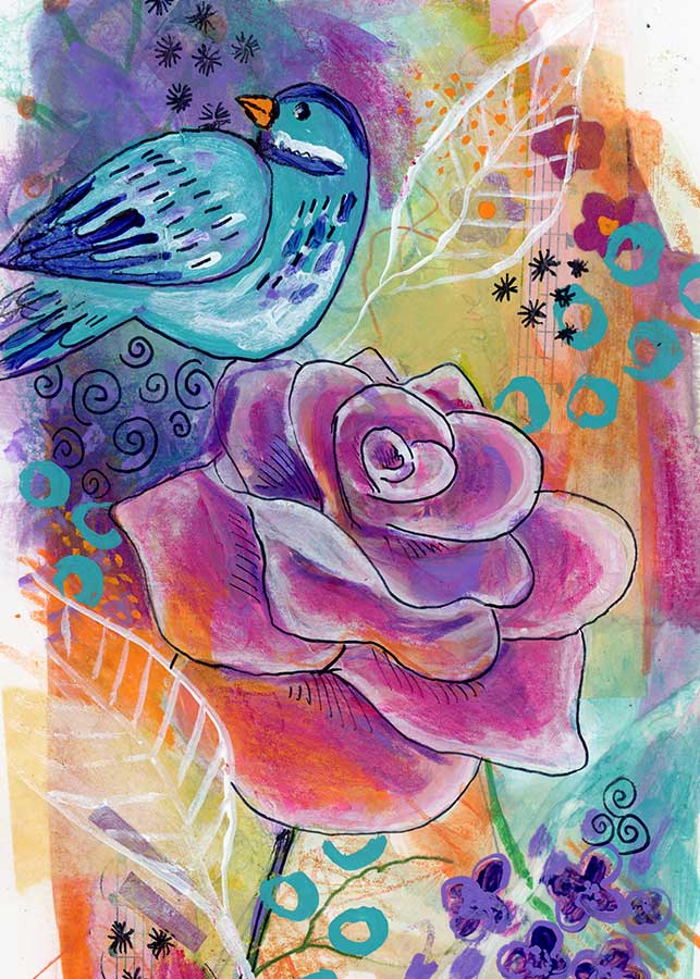 Bird on Rose, 5" x 7", mixed media