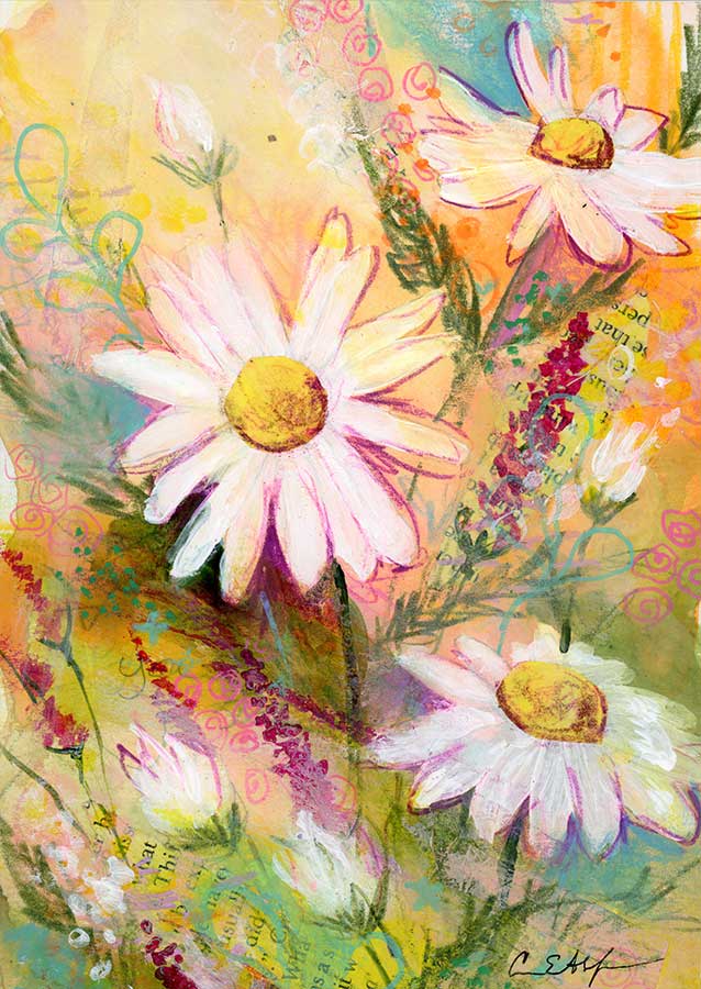SOLD - Playful Daisies, 5" x 7", mixed media