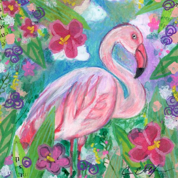 SOLD - Tropical Flamingo, 4" x 4", mixed media