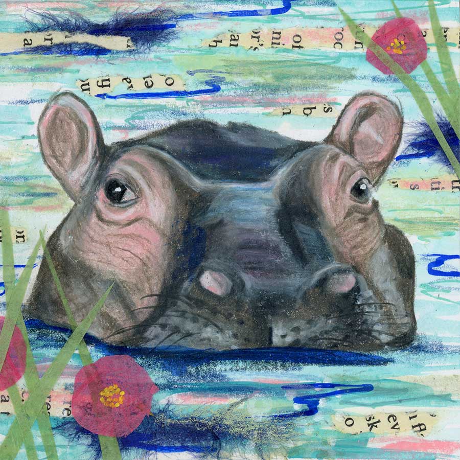 SOLD - Watchful Hippo, 4" x 4", mixed media