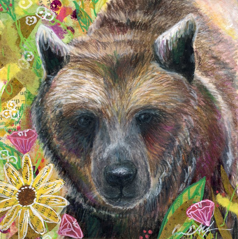 Bear in Flowers, 6" x 6", mixed media