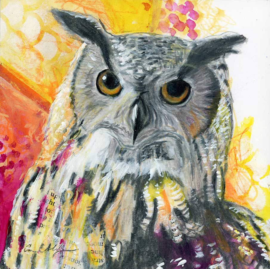 Fierce Owl, 6" x 6", mixed media