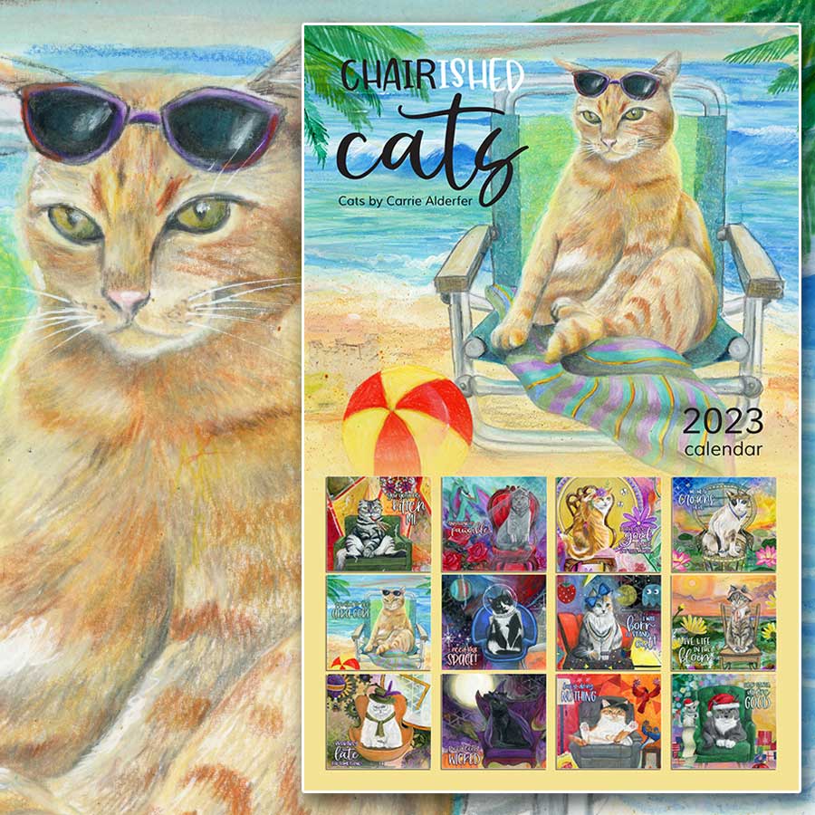 Each full color calendar features an adorable cat in a coordinating chair. I had so much fun creating these. I hope you love them as much as I do! Available in two sizes: