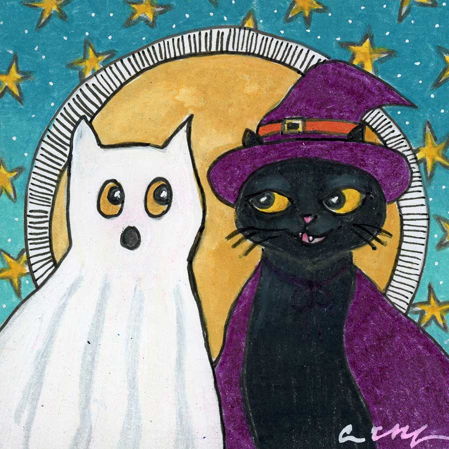 SOLD - Ghost and Witch Cats, 4" x 4", mixed media