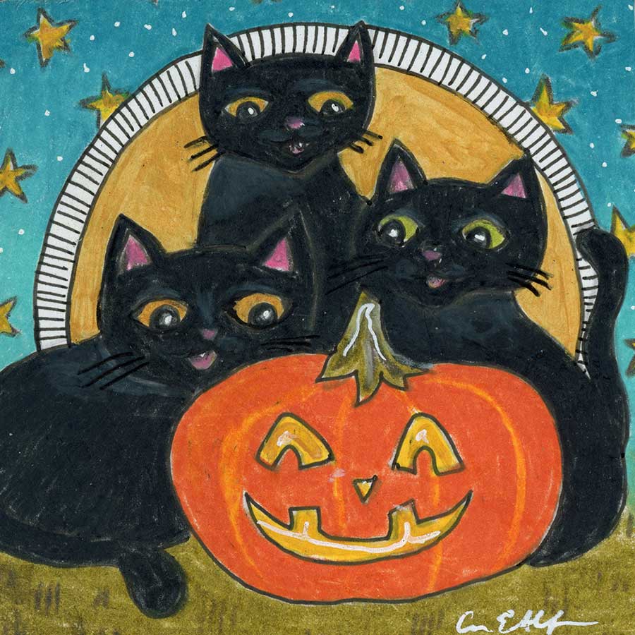 SOLD - Three Black Cats, 4" x 4", mixed media