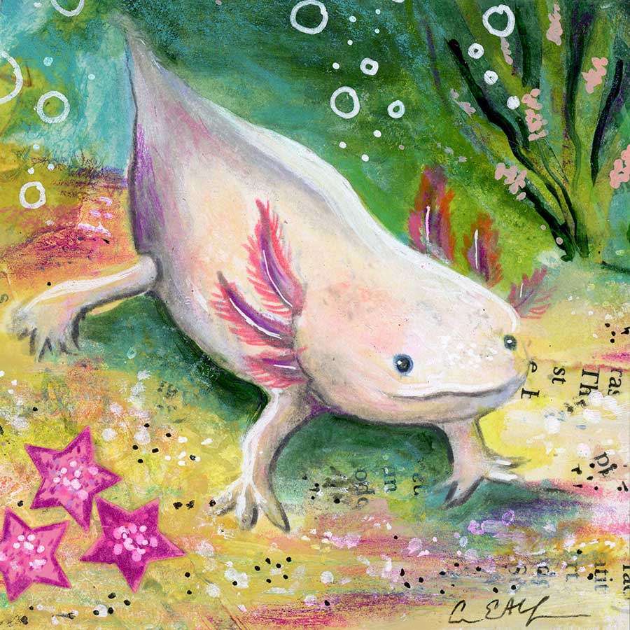 SOLD - Axolotl, 4" x 4", mixed media