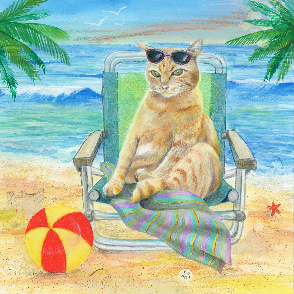 Beach Cat, 12" x 12", mixed media