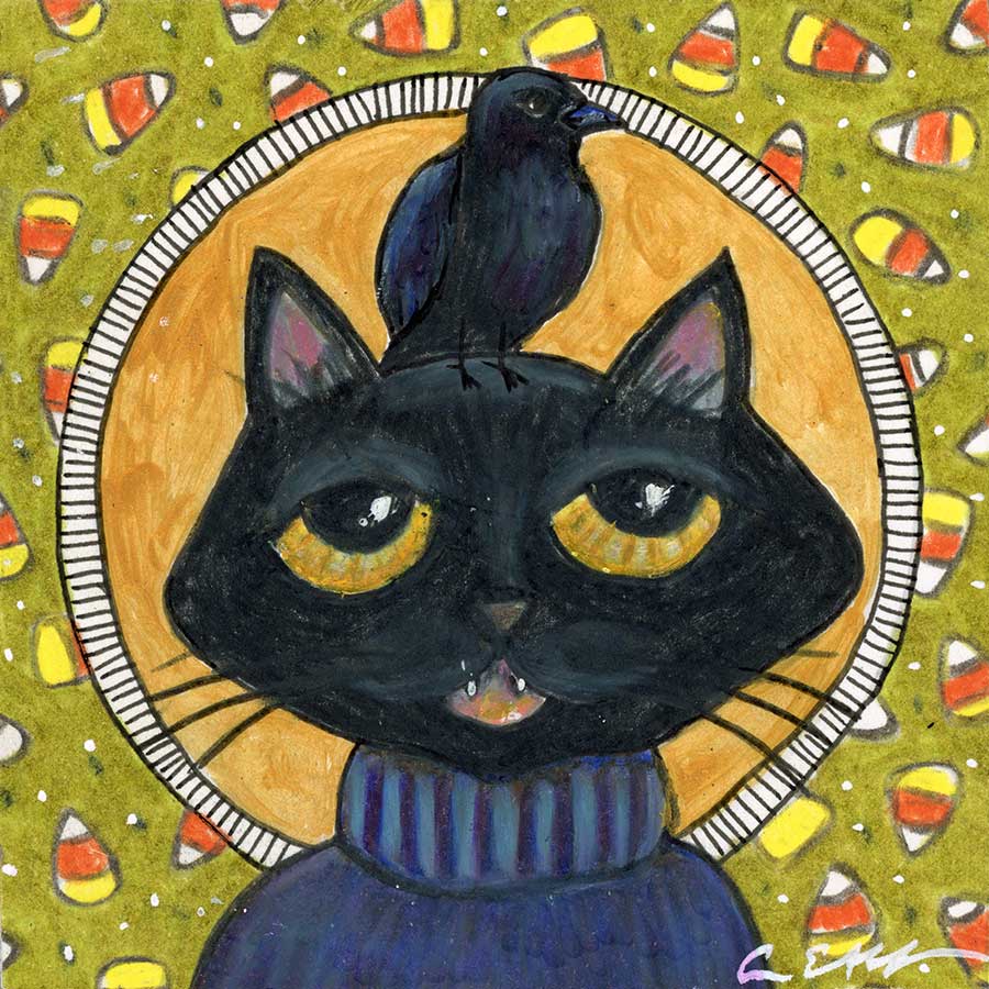 SOLD - Cat and Crow, 4" x 4", mixed media