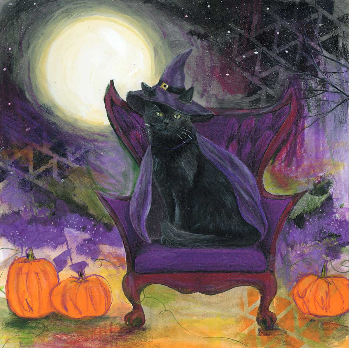Witch Cat, 12" x 12", mixed media