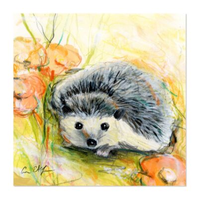 Hedgehog in Peach Flowers - Art Print