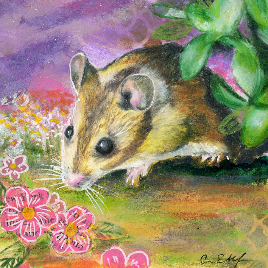 SOLD - Mouse and Flowers, 4" x 4", mixed media