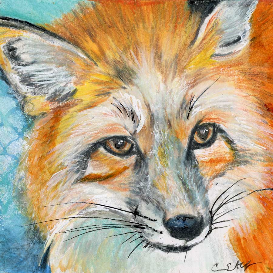 SOLD - Red Fox, 4" x 4", mixed media