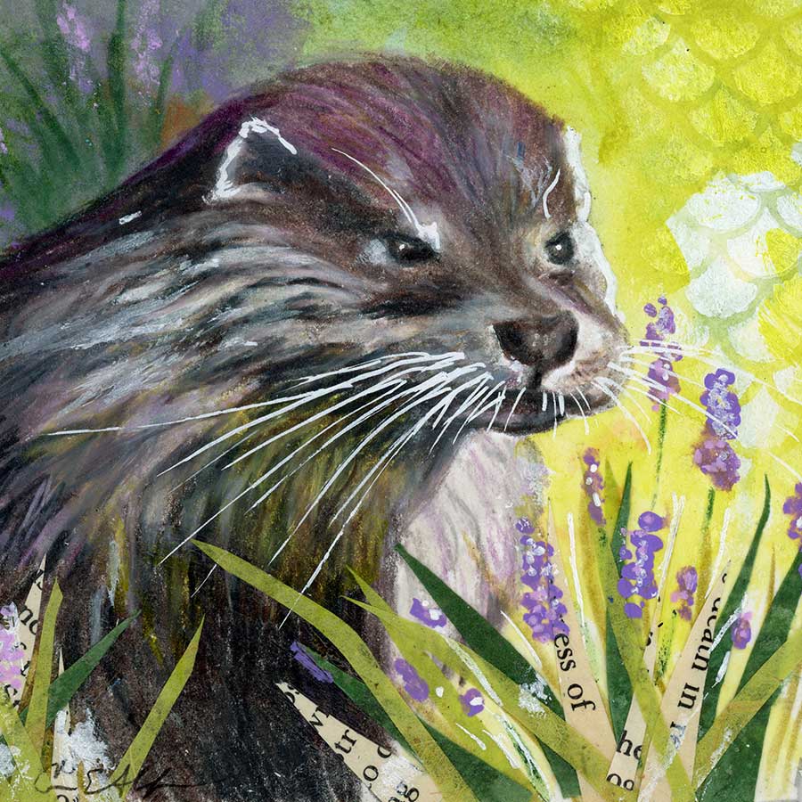 SOLD - River Otter, 4" x 4", mixed media