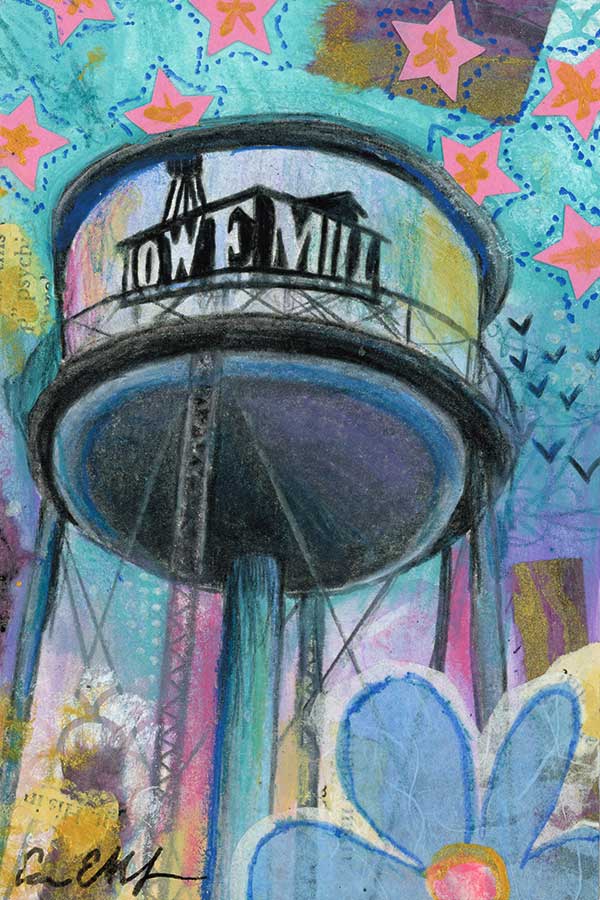 Groovy Lowe Mill Water Tower, 4" x 6", mixed media