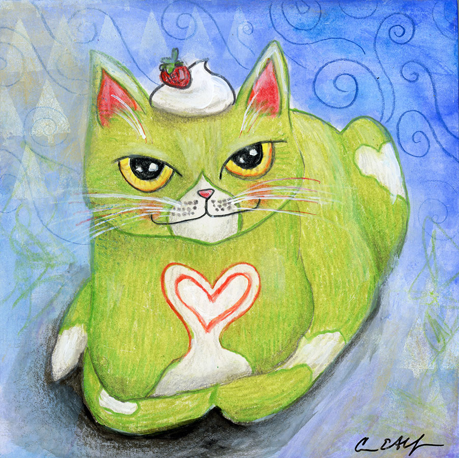 Grinch Punch Cat, 6" x 6", mixed media