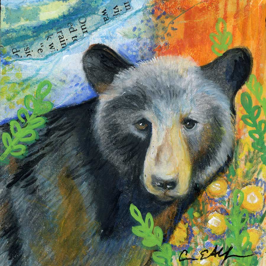 SOLD - Bear in Spring, 4" x 4", mixed media