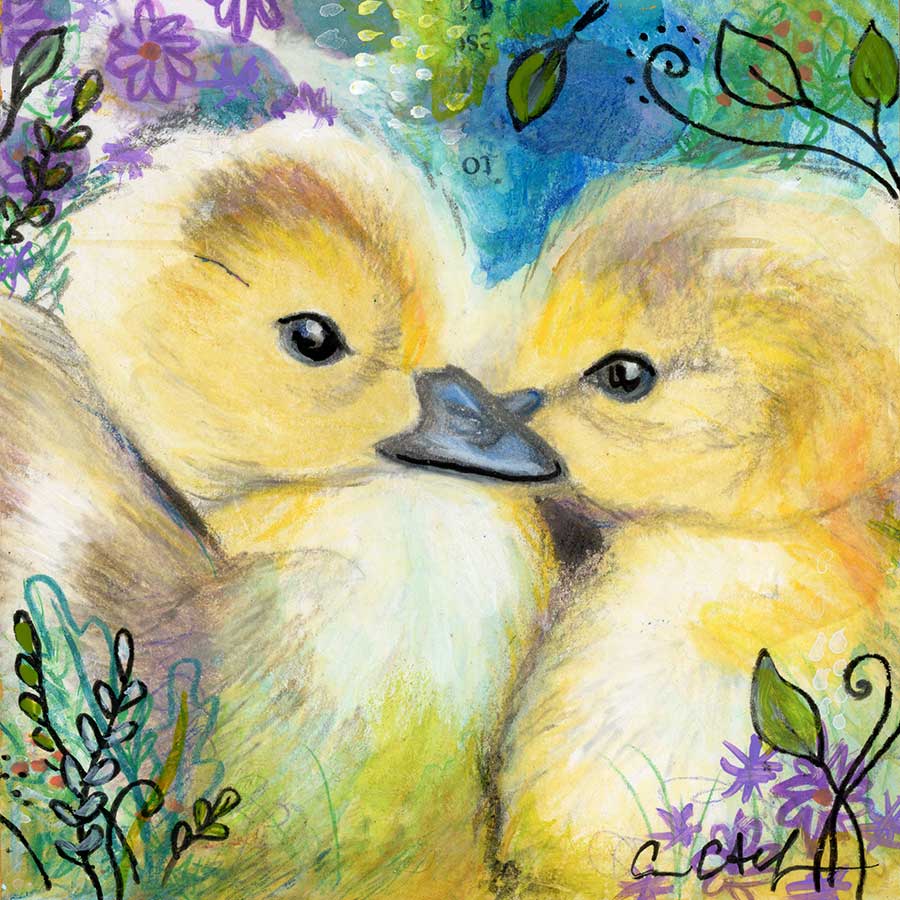 SOLD - Cuddle Ducklings, 4" x 4", mixed media
