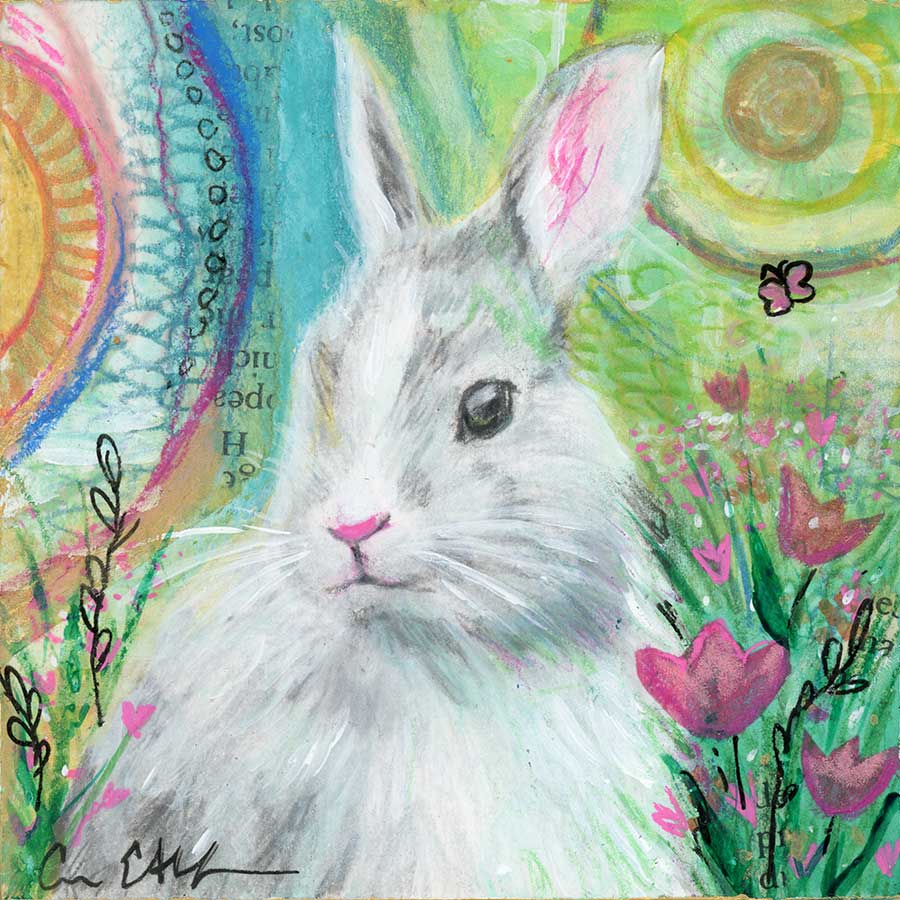 Joyful Bunny, 4" x 4", mixed media