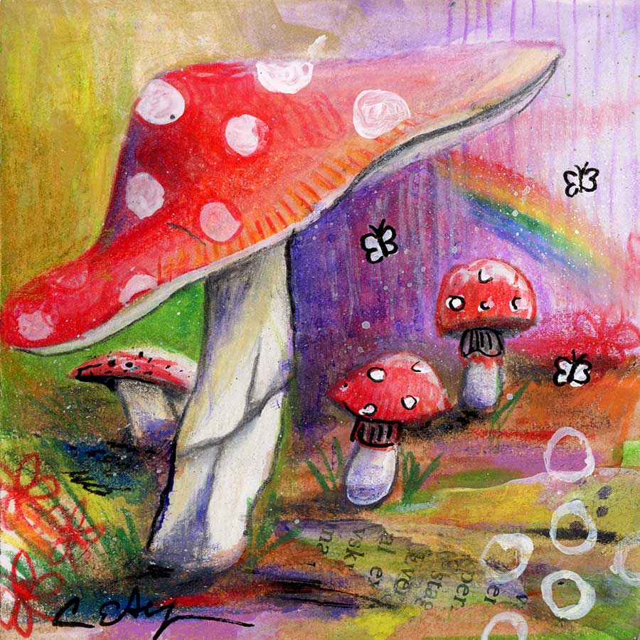 SOLD - Spotted Mushrooms, 4" x 4", mixed media