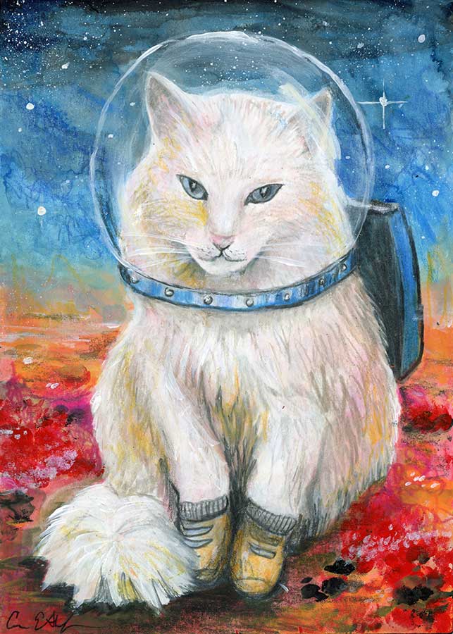 SOLD - Fluffy White Space Cat, 5" x 7", mixed media