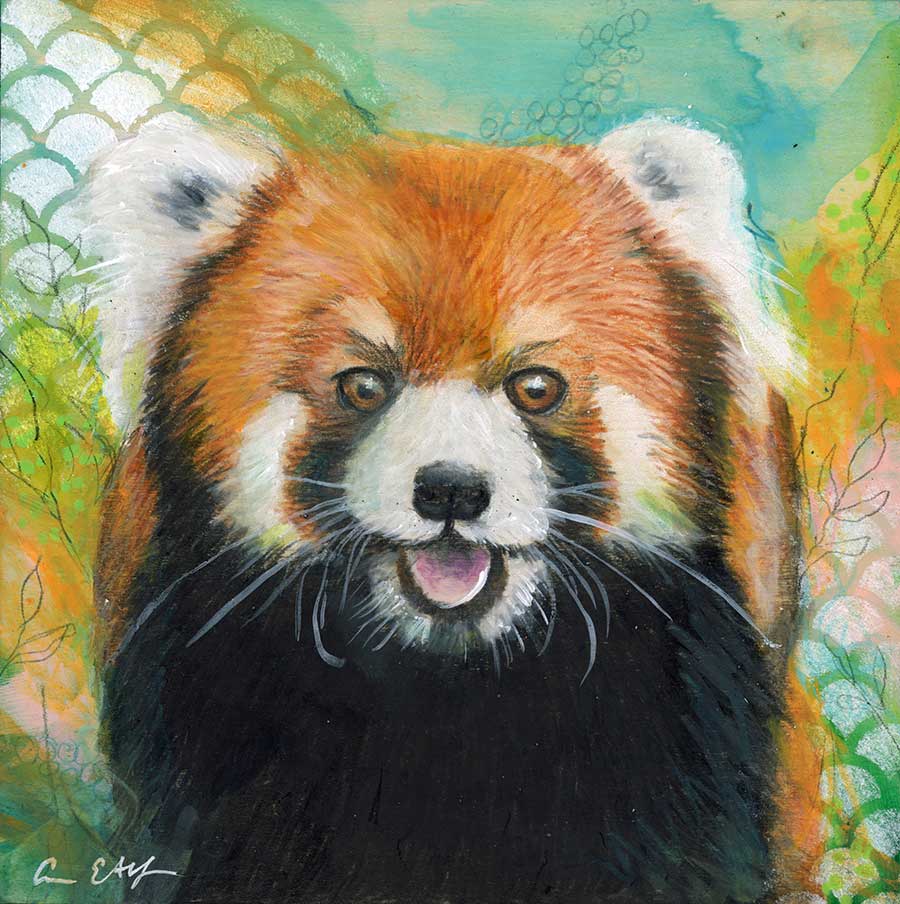 Happy Red Panda, 6" x 6", mixed media